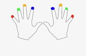 Hand with colored fingertips