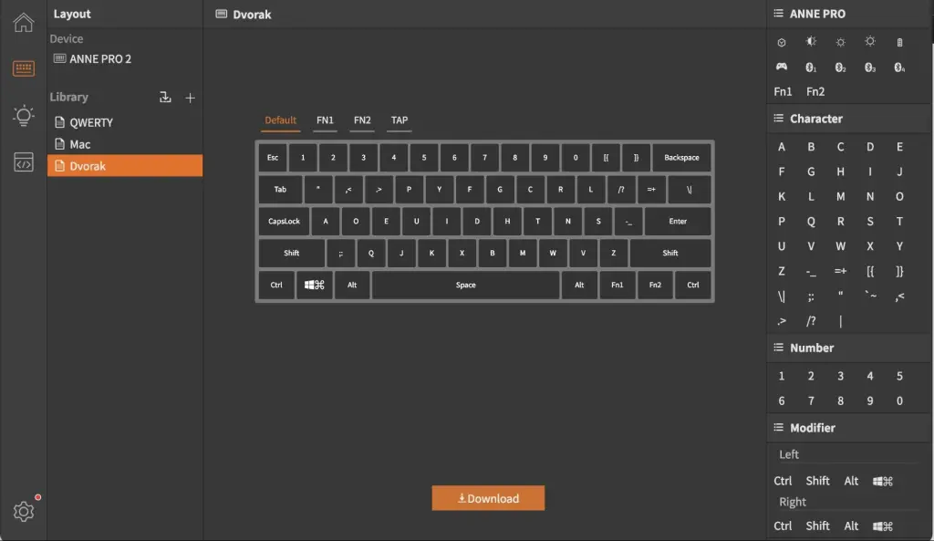 Programming Anne Pro 2 for Dvorak in ObinsKit (screenshot)