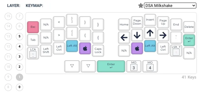 Reviung41 navigation layer keymap with arrows and brackets